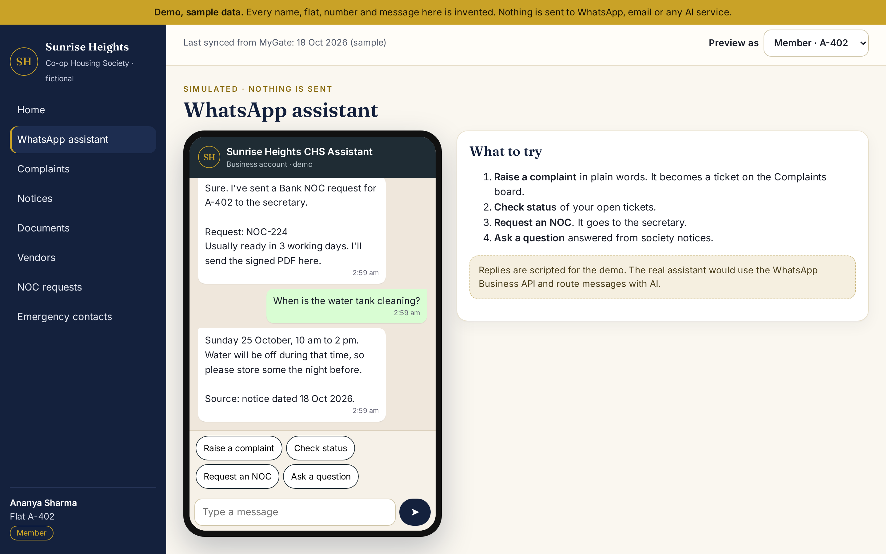 Society Assistant WhatsApp chat demo screenshot
